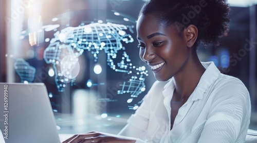 Smiling African American woman in a white shirt using a laptop with a digital world map and cyber security icons on the screen,