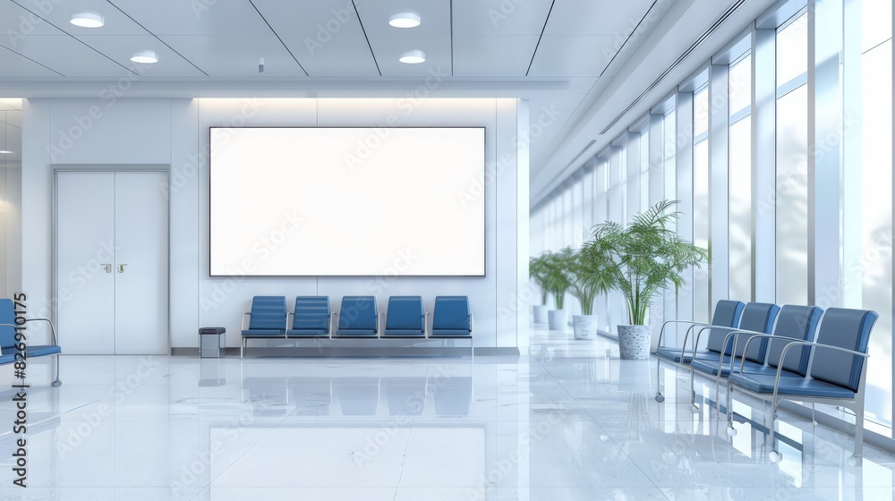 A blank advertising billboard in the lobby of a clinic, providing ample space for your message or media content. Enhance visibility in a high-traffic healthcare environment
