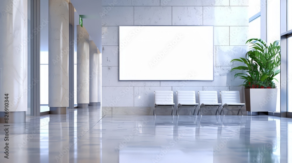 A blank advertising billboard in the lobby of a clinic, providing ample space for your message or media content. Enhance visibility in a high-traffic healthcare environment A blank advertising billboard in the lobby of a clinic, providing ample space for your message or media content. Enhance visibility in a high-traffic healthcare environment