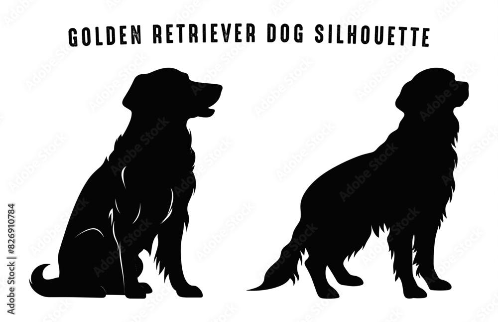 Retriever Dogs Silhouettes Clipart, Golden Retriever black Silhouette Vector art