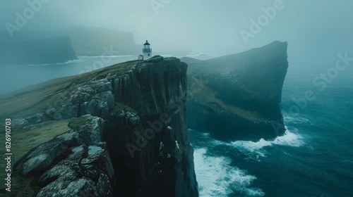 Atop Mykines Holmur, the lighthouse overlooks the dramatic cliffs and roaring seas of the Faroe Islands. This historic structure on Mykines Island photo