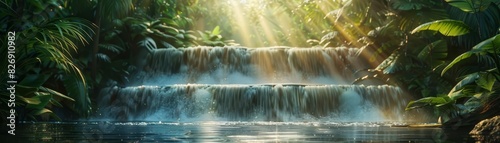 A cascading waterfall in a tropical setting, with ambient occlusion drawing attention to the layers of foliage and water flows, Close up