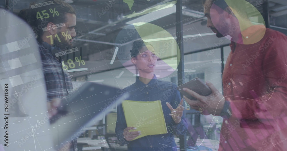 Image of financial data processing and people walking over diverse colleagues having meeting Image of financial data processing and people walking over diverse colleagues having meeting