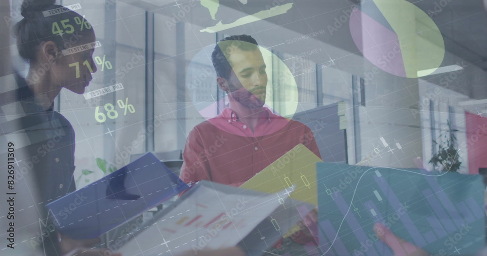 Image of financial data processing and people walking over diverse colleagues having meeting Image of financial data processing and people walking over diverse colleagues having meeting