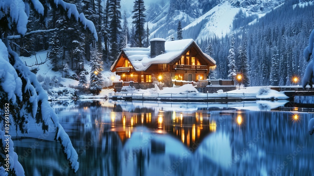 Discover the enchanting winter beauty of Emerald Lake in Yoho National Park, British Columbia. The snow-covered rocky mountains, pine forests Discover the enchanting winter beauty of Emerald Lake in Yoho National Park, British Columbia. The snow-covered rocky mountains, pine forests