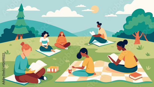 A serene outdoor setting with participants spread out on blankets enjoying the fresh air and sunshine as they practice their Bible handwriting in. Vector illustration
