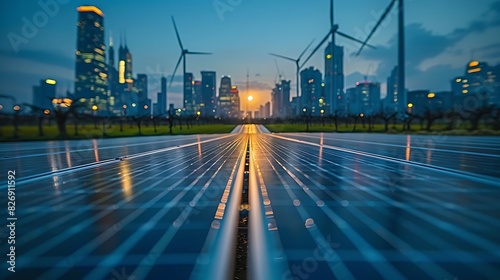 A field with solar panels with a line of wind turbines in the background  sky is blue  grass is green and sun is shining brightly