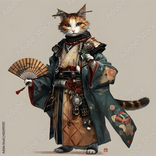 Brave Feline Samurai Warrior in Ornate Traditional Japanese Attire