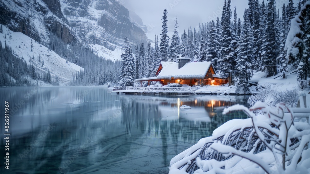 Emerald Lake in Yoho National Park, British Columbia, offers a picturesque winter landscape. The snow-covered pine forests Emerald Lake in Yoho National Park, British Columbia, offers a picturesque winter landscape. The snow-covered pine forests