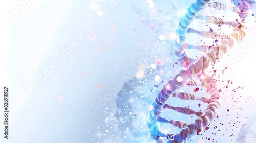 Abstract Background - A detailed DNA double helix on a light background with colorful particles, representing genetic complexity