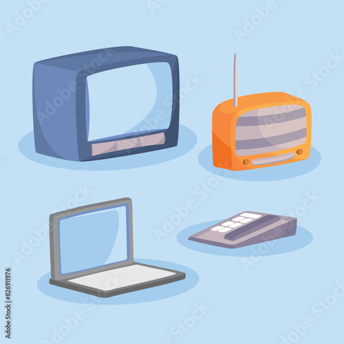 TV, Radio, Laptop, Telephone Electronic Design Simple 3 D Vector