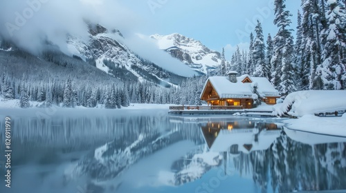 Emerald Lake in Yoho National Park, British Columbia, offers a picturesque winter landscape. The snow-covered pine forests
