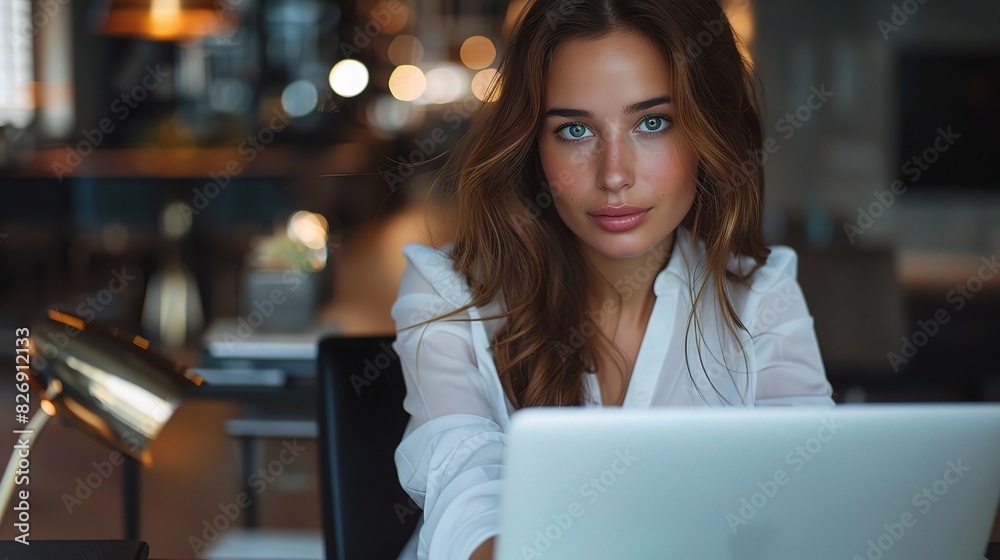 businesswoman in a crisp white blouse, sitting at a sleek black desk businesswoman in a crisp white blouse, sitting at a sleek black desk