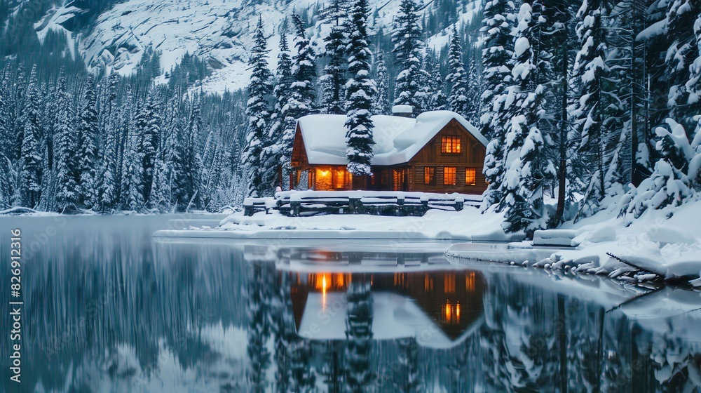 Experience the beauty of Emerald Lake in Yoho National Park, British Columbia, during winter. The snow-covered pine forests Experience the beauty of Emerald Lake in Yoho National Park, British Columbia, during winter. The snow-covered pine forests