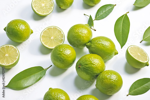 Fresh Limes and Leaves on White Background