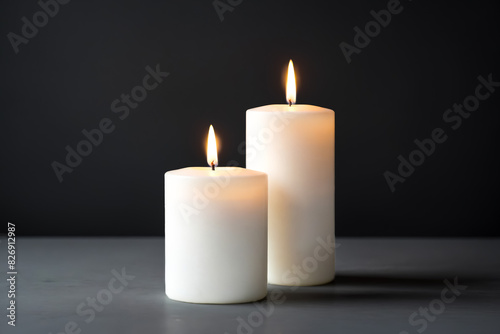Two White Candles Burning on a Grey Surface