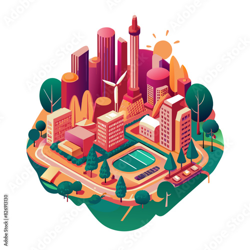 Illustrate a modern city with plenty of green spaces, trees, and parks, emphasizing urban sustainability and eco-friendly architecture.