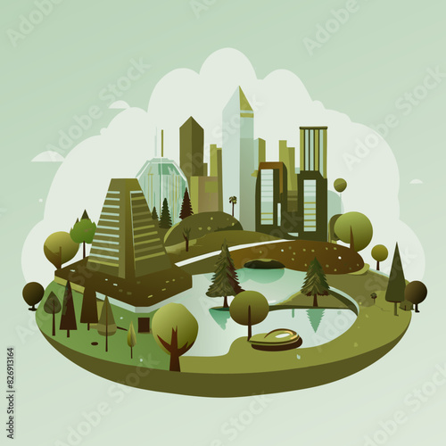 Illustrate a modern city with plenty of green spaces, trees, and parks, emphasizing urban sustainability and eco-friendly architecture.