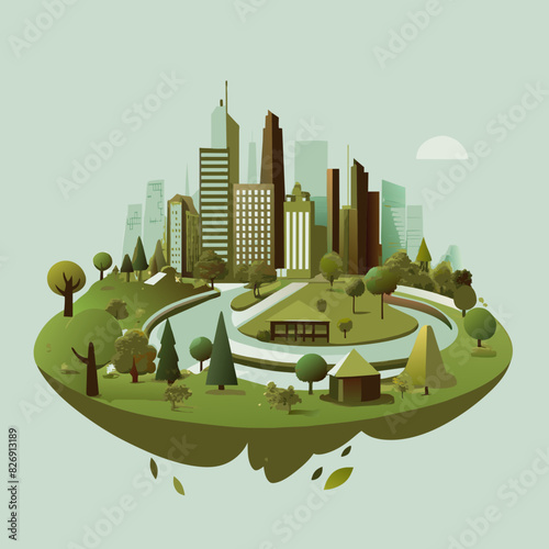 Illustrate a modern city with plenty of green spaces, trees, and parks, emphasizing urban sustainability and eco-friendly architecture.