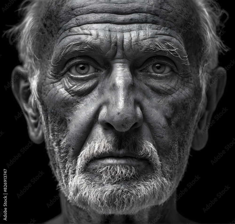 Obraz premium an wrinkled man in serious thought, black and white closeup portrait
