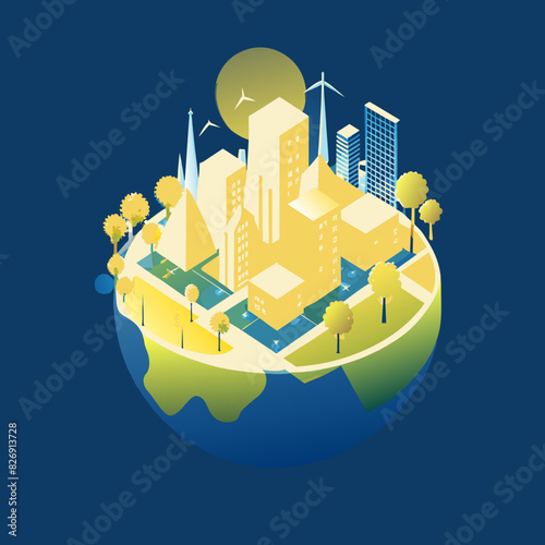 Illustrate a modern city with plenty of green spaces, trees, and parks, emphasizing urban sustainability and eco-friendly architecture.