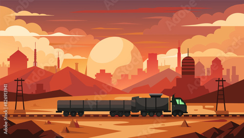As the sun sets in the distance a train hums steadily through a vast barren landscape its cargo of crude oil a precious resource that will fuel growth. Vector illustration