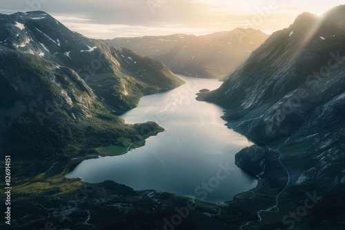 Capture the beauty of a winding river surrounded by mountains
