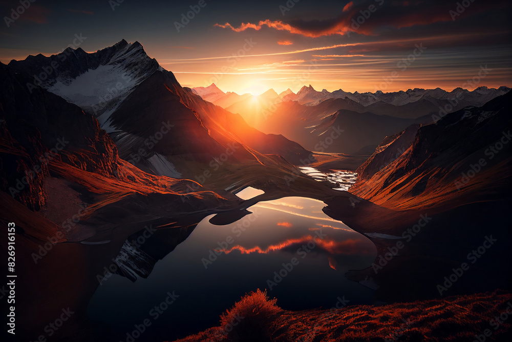 Scenic sunrise in the high mountains of the alpes 