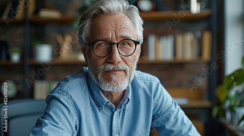 serious senior man in glasses sitting at working desk