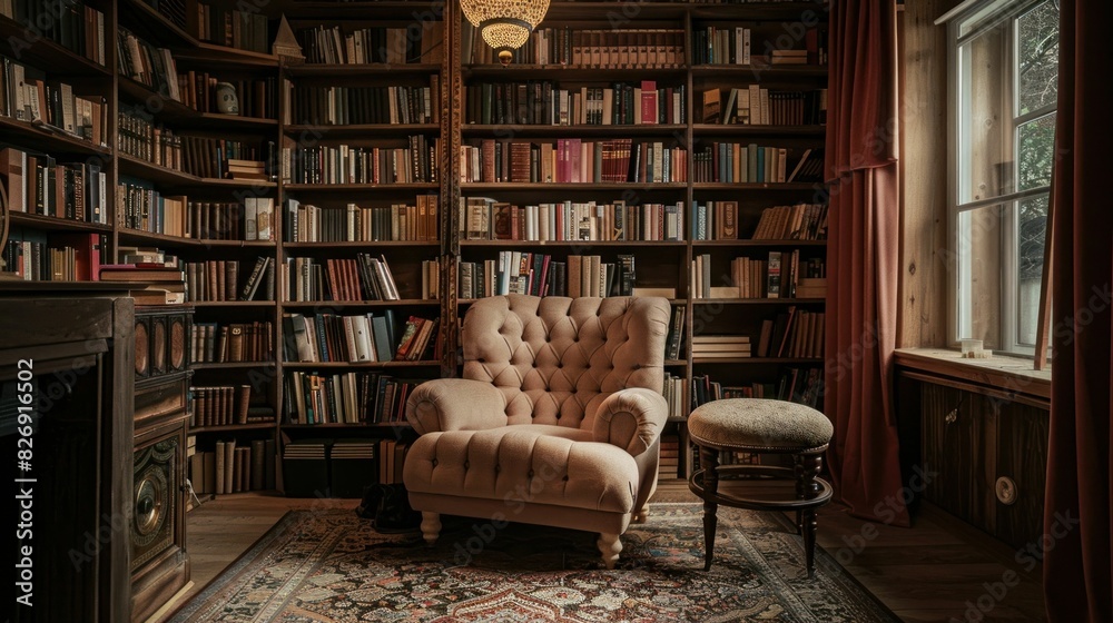 Comfortable reading nook with chair, bookshelf, and lamp, perfect for relaxation and unwinding after a long day Comfortable reading nook with chair, bookshelf, and lamp, perfect for relaxation and unwinding after a long day