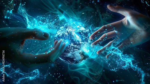 A dynamic illustration of hands manipulating a digital network. One hand gestures with open fingers, while the other hand pinches a glowing blue data point. Lines of blue light connect the data point