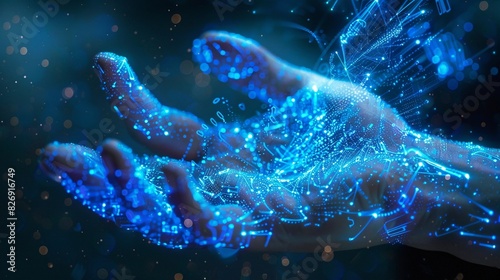 A dramatic close-up of a hand covered in glowing blue data points. The hand seems to be channeling information, with the data points swirling and pulsating around the fingertips. Intricate blue