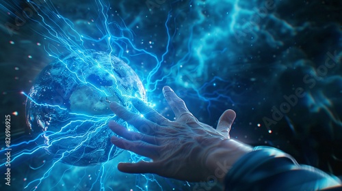 A photorealistic image of a hand reaching towards a glowing blue digital avatar of the Earth. The avatar appears as a detailed, three-dimensional model with continents and oceans clearly visible. photo