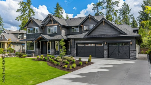 The side view of a large gray craftsman new construction house with a landscaped yard a three car garage and driveway