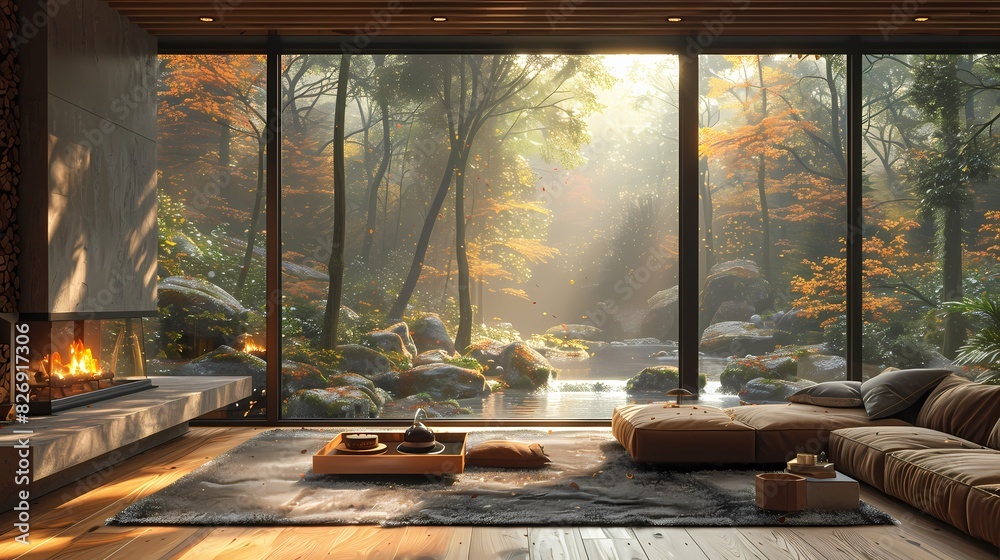 cozy cabin in the woods with light streaming in soft liquid hues cozy cabin in the woods with light streaming in soft liquid hues