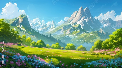 Mountains wallpaper. Mountainous Grass Field Landscape. Grass field with mountains against a backdrop of blue sky and white clouds. Mountains with fog wallpaper.