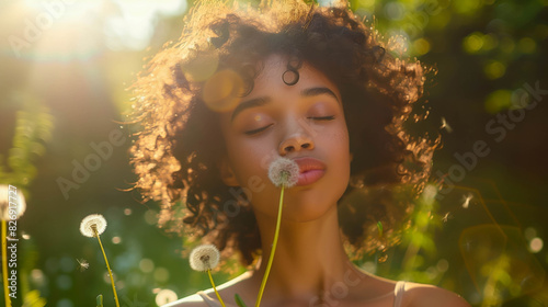 Young African American woman enjoying nature  gently blowing a dandelion in a sunlit garden