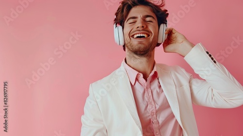 happy carefree handsome young man in elegant white suit photo