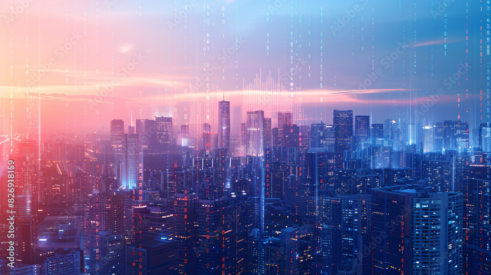 A digital transformation conceptual image featuring a futuristic cityscape with holographic data overlays and next-generation technology elements, with ample space for text on a clean, minimal