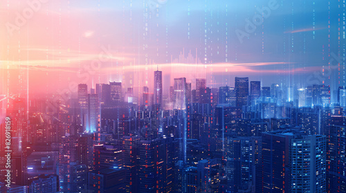 A digital transformation conceptual image featuring a futuristic cityscape with holographic data overlays and next-generation technology elements  with ample space for text on a clean  minimal