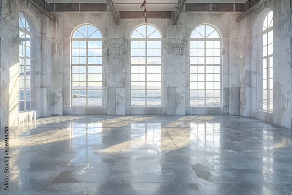 Fototapeta premium Stylish But Empty Modern Loft Interior with Ocean View, Polished Concrete Floors, and Sunlit Large Windows - 3D Render...