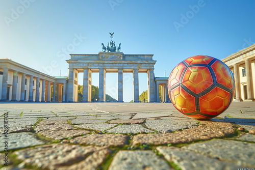Foto Soccer Ball Close-Up Against Brandenburg Gate, Concept of European Football Cham