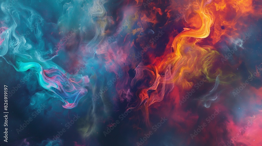 , dense tendrils of deep and dark smoke gracefully intertwine against a gradient backdrop, creating a mesmerizing blend of hues. Amidst this ethereal dance, vibrant abstract colors emerge, swirling an , dense tendrils of deep and dark smoke gracefully intertwine against a gradient backdrop, creating a mesmerizing blend of hues. Amidst this ethereal dance, vibrant abstract colors emerge, swirling an