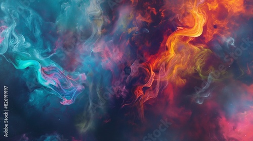 , dense tendrils of deep and dark smoke gracefully intertwine against a gradient backdrop, creating a mesmerizing blend of hues. Amidst this ethereal dance, vibrant abstract colors emerge, swirling an © Ya Ali Madad 