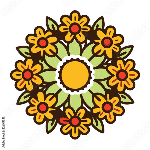 Circular Arrangement of Yellow Flowers with Red Centers