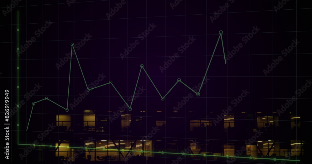 Naklejka premium Image of graphs and grid pattern over illuminated modern building in background
