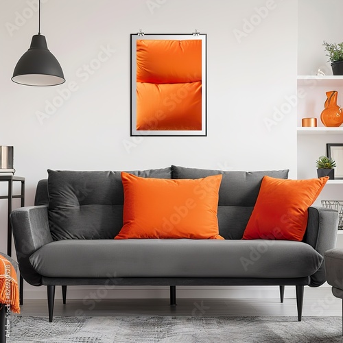 Orange pillow on dark grey sofa UHD Wallpapar photo