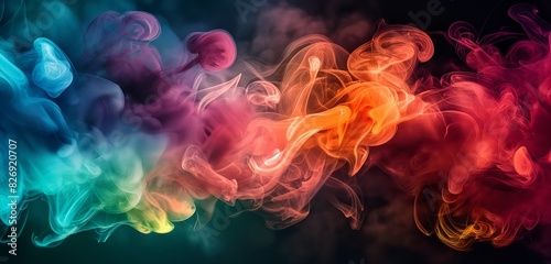 , dense tendrils of deep and dark smoke gracefully intertwine against a gradient backdrop, creating a mesmerizing blend of hues. Amidst this ethereal dance, vibrant abstract colors emerge, swirling an