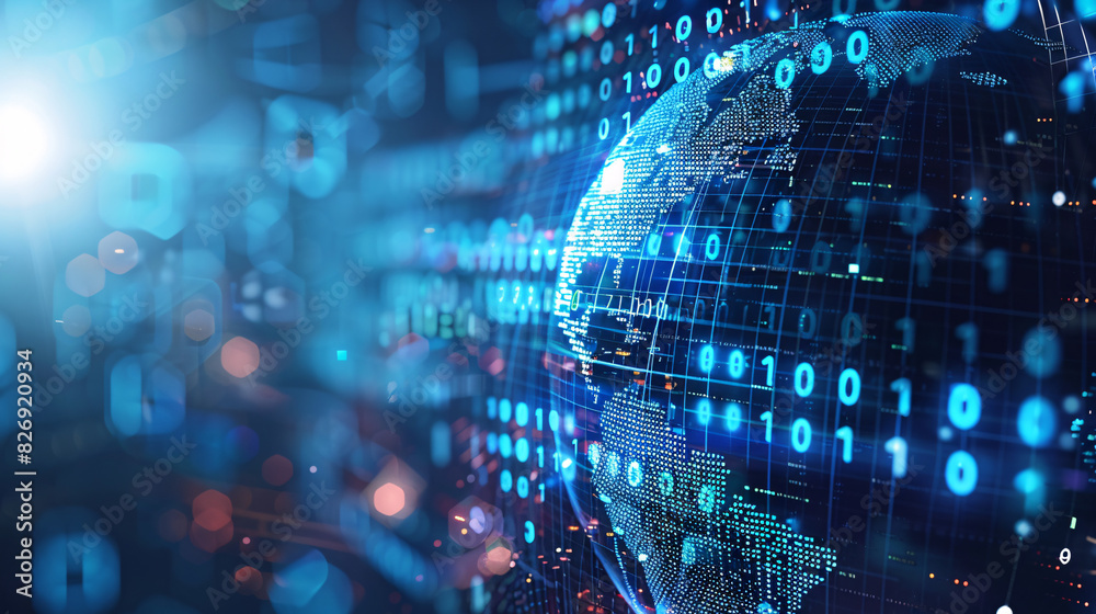 A conceptual image of a globe surrounded by digital binary code, illustrating global digital transformation and technology, with space for your text. A conceptual image of a globe surrounded by digital binary code, illustrating global digital transformation and technology, with space for your text.