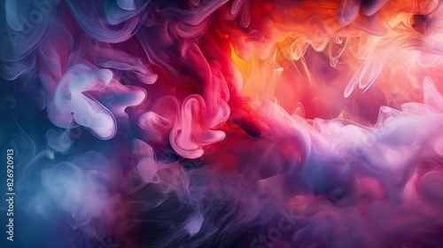 , dense tendrils of deep and dark smoke gracefully intertwine against a gradient backdrop, creating a mesmerizing blend of hues. Amidst this ethereal dance, vibrant abstract colors emerge, swirling an